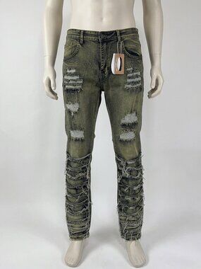 DLD Straight-Leg Jeans Yellow-Tinted Distressed Extensive Ripped Size 36x32